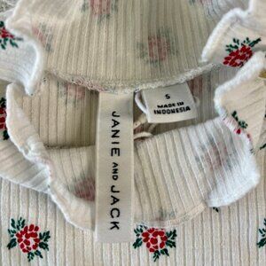 Janie & Jack Girls White and Pink Ribbed Floral Top w/ Gold Button Detail-Size 5